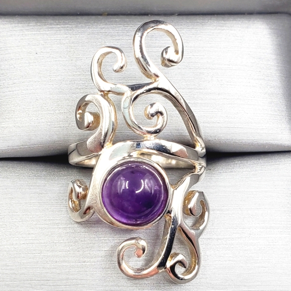 Genuine Round Bezel Set Purple Amethyst 925 Silver Swirl Design Statement Ring